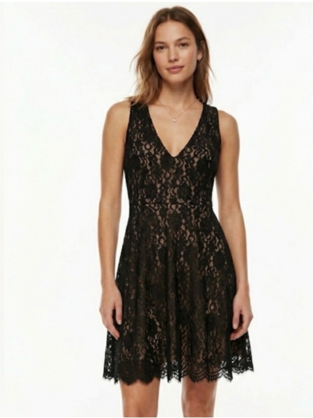 BCBGMAXAZRIA Black Lace Overlay Dress – Nude Lining – Occasion